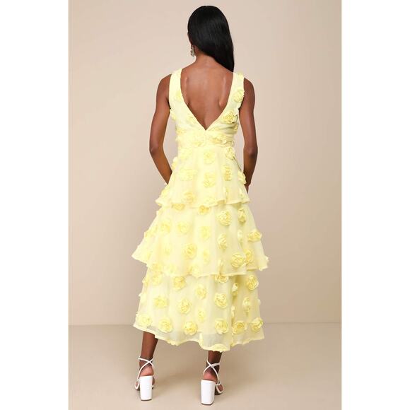 NWT Lulus Exceptional Entrance Yellow Sleeveless Tiered Rosette Midi Dress Sz XL - Picture 3 of 7